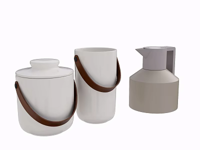 Ceramic Vessels With Leather Handles White Gray Lid And Pitcher Design 3d model