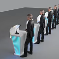 Men In Formal Suits Standing At Podiums With Colorful Maps And Blue Lights