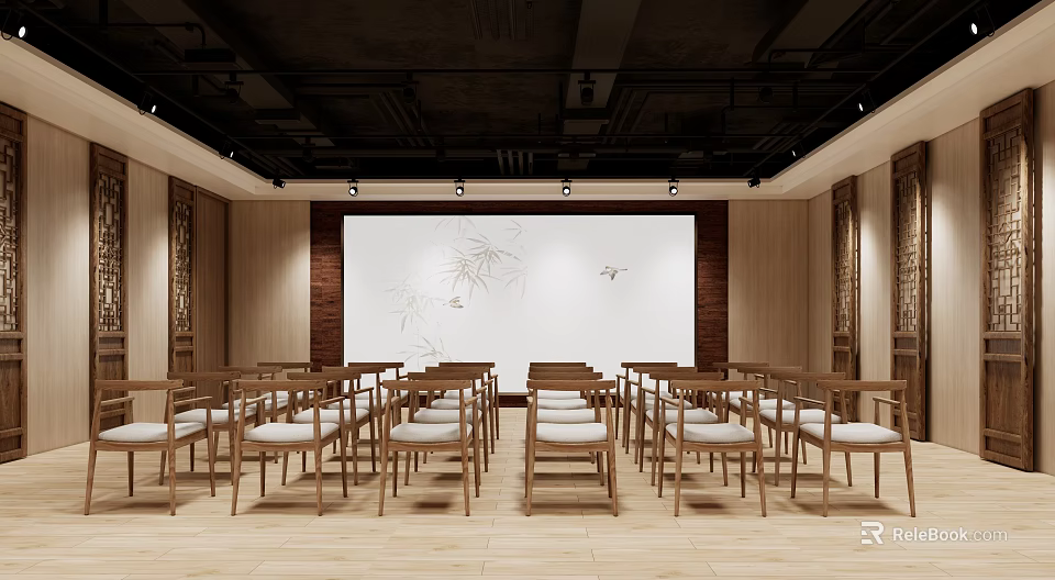 Cultural Center Interior With Wooden Tables Chairs Neatly Arranged Front Screen Bamboo Bird Patterns 3d model 