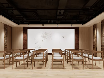 Cultural Center Interior With Wooden Tables Chairs Neatly Arranged Front Screen Bamboo Bird Patterns 3d model