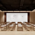 Cultural Center Interior With Wooden Tables Chairs Neatly Arranged Front Screen Bamboo Bird Patterns