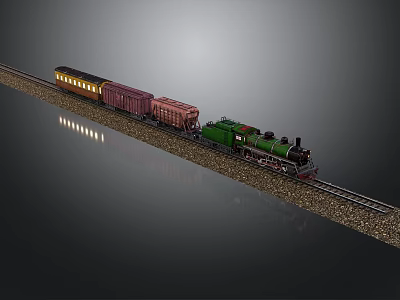 Vintage Steam Train With Green Locomotive Red Carriages Lit Windows And Gravel Railway Track 3d model