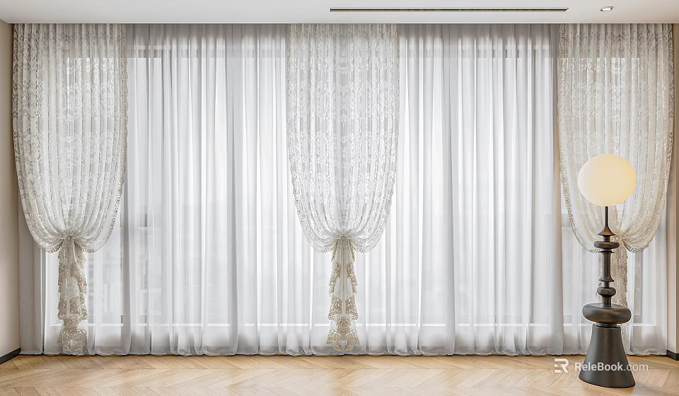 Elegant White Sheer Curtains With Lace Details And Tiebacks In Minimalist Interior Wooden Floor 3d model 