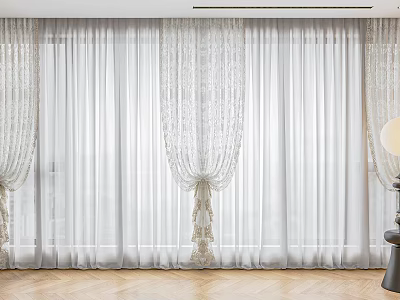 Elegant White Sheer Curtains With Lace Details And Tiebacks In Minimalist Interior Wooden Floor 3d model