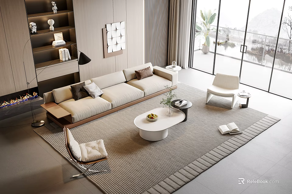 Modern Living Room Sofa Coffee Table Set With Beige Upholstery White Tabletop And Decorative Cushions 3d model 