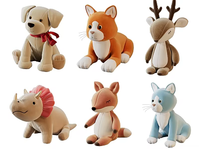 Cute Plush Stuffed Animal Toys With Dog Cat Deer Rhino Fox Designs 3d model