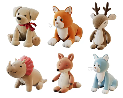 Cute Plush Stuffed Animal Toys With Dog Cat Deer Rhino Fox Designs 3d model