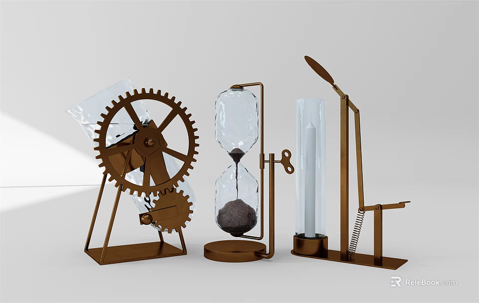 Industrial Style Metal Decorative Ornament Set with Gear Hourglass and Candle Holder for Home Decor 3d model 