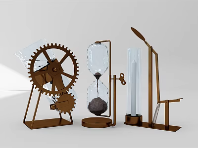 Industrial Style Metal Decorative Ornament Set with Gear Hourglass and Candle Holder for Home Decor 3d model