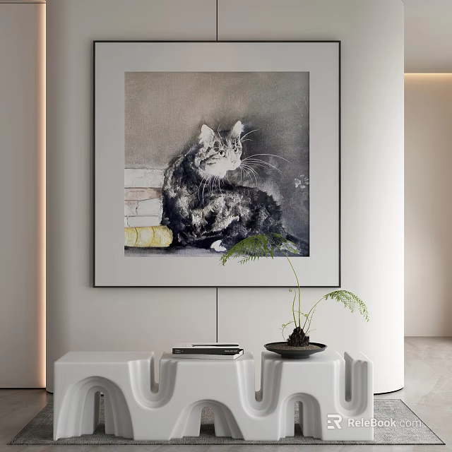 Stylish Cat Painting Hanging In Modern Interior With Green Plant And White Furniture 3d model 