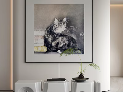 Stylish Cat Painting Hanging In Modern Interior With Green Plant And White Furniture 3d model