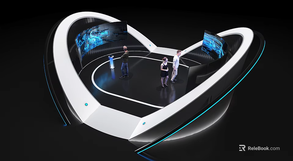 Modern Futuristic Exhibition Hall Interior With Curved Design And Interactive Digital Screens 3d model 