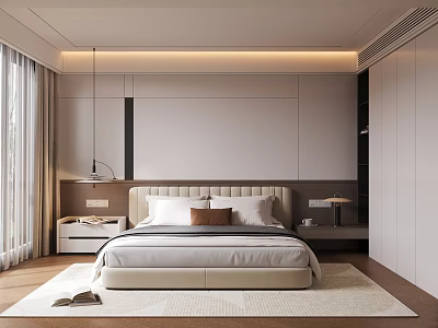 Minimalist Bedroom Interior Design With Large Bed Headboard Rug And Floor to Ceiling Windows 3d model