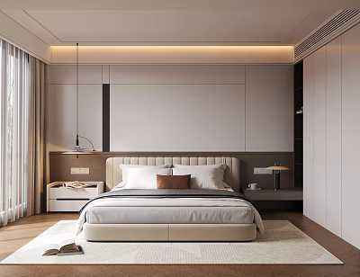 Minimalist Bedroom Interior Design With Large Bed Headboard Rug And Floor to Ceiling Windows 3d model