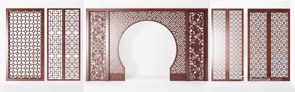 Traditional Chinese Wooden Partition With Circular Arch And Intricate Carvings 3d model 