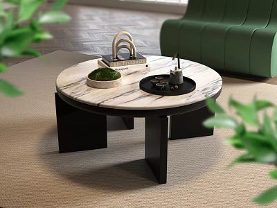 Modern Round Coffee Table With Marble Top Black Legs Tray Small Plant And Green Sofa 3d model