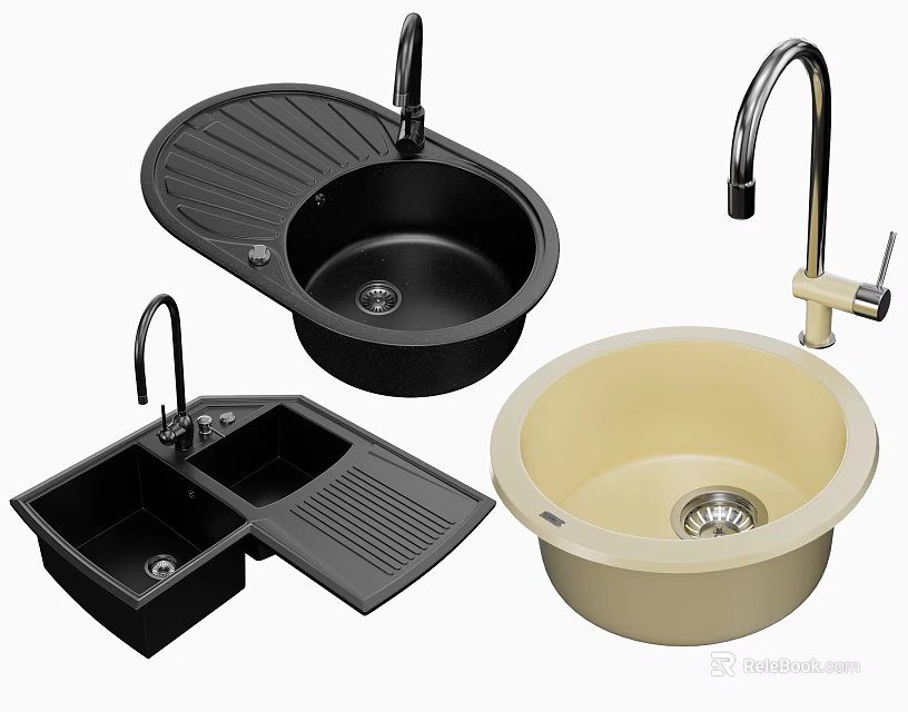 Kitchen Sinks With Various Styles Double Bowl Single Bowl And Drainboard In Black Beige Colors 3d model 