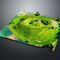 Green Grass And Plants Covered Mound With Surrounding Trees In Miniature Landscape