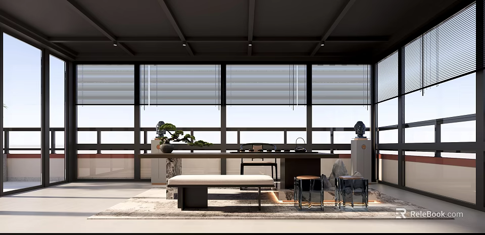 Modern Villa Balcony Interior With Large Windows Blinds Bench Table And Chairs 3d model 