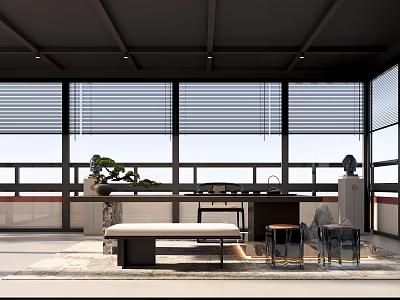 Modern Villa Balcony Interior With Large Windows Blinds Bench Table And Chairs 3d model
