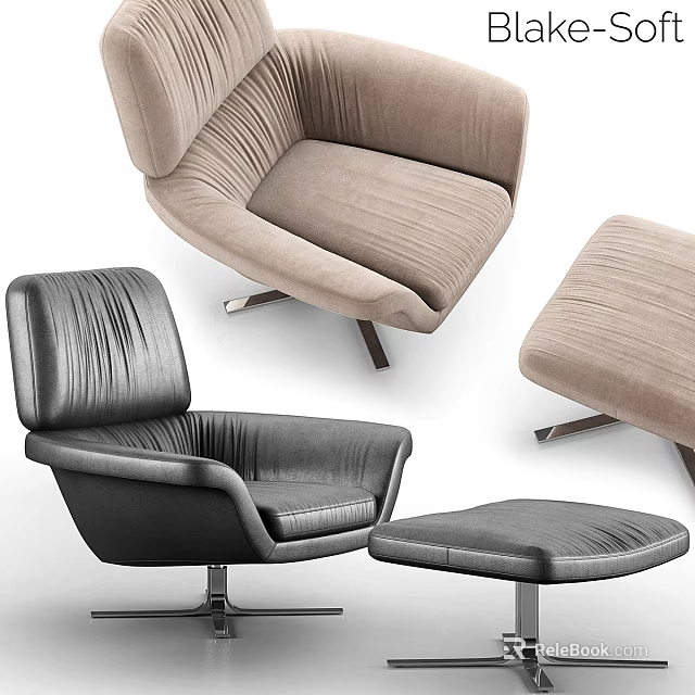 Modern Leisure Chair With Leather Fabric Upholstery Black Beige Colors And Ottoman 3d model 