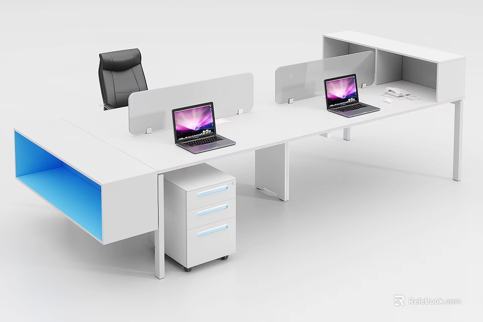 Modern White Office Desk With Dividers Laptops Drawers And Office Chair 3d model 