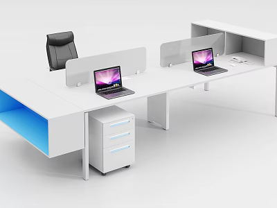 Modern White Office Desk With Dividers Laptops Drawers And Office Chair 3d model