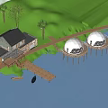 Boutique Homestay Building With Geodesic Domes Lakeside Green Lawn And Trees