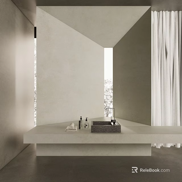 Minimalist Modern Washbasin Vanity With Light Colored Countertop Faucet Toiletries White Curtains And Natural Light 3d model 