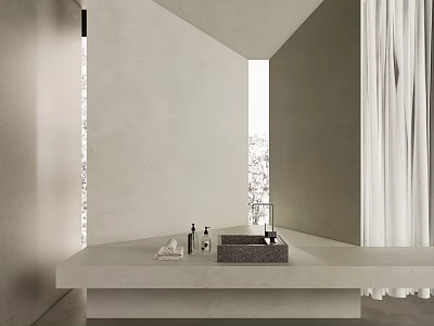Minimalist Modern Washbasin Vanity With Light Colored Countertop Faucet Toiletries White Curtains And Natural Light 3d model