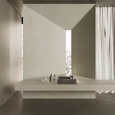 Minimalist Modern Washbasin Vanity With Light Colored Countertop Faucet Toiletries White Curtains And Natural Light 3d model
