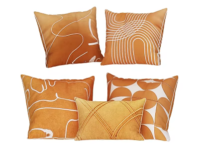 Stylish Orange Throw Pillows With Abstract White Lines And Geometric Patterns 3d model