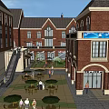 European Style Commercial Street With Red Brick Buildings Glass Facades And Greenery