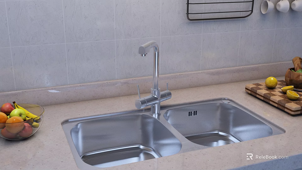 Modern Double Bowl Stainless Steel Kitchen Sink with Faucet on Light Countertop 3d model 