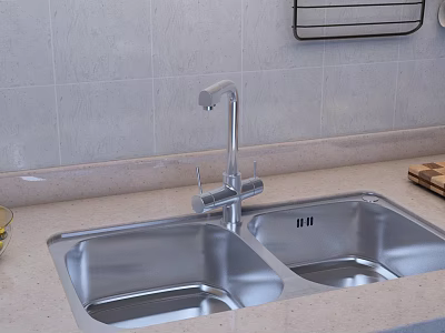Modern Double Bowl Stainless Steel Kitchen Sink with Faucet on Light Countertop 3d model