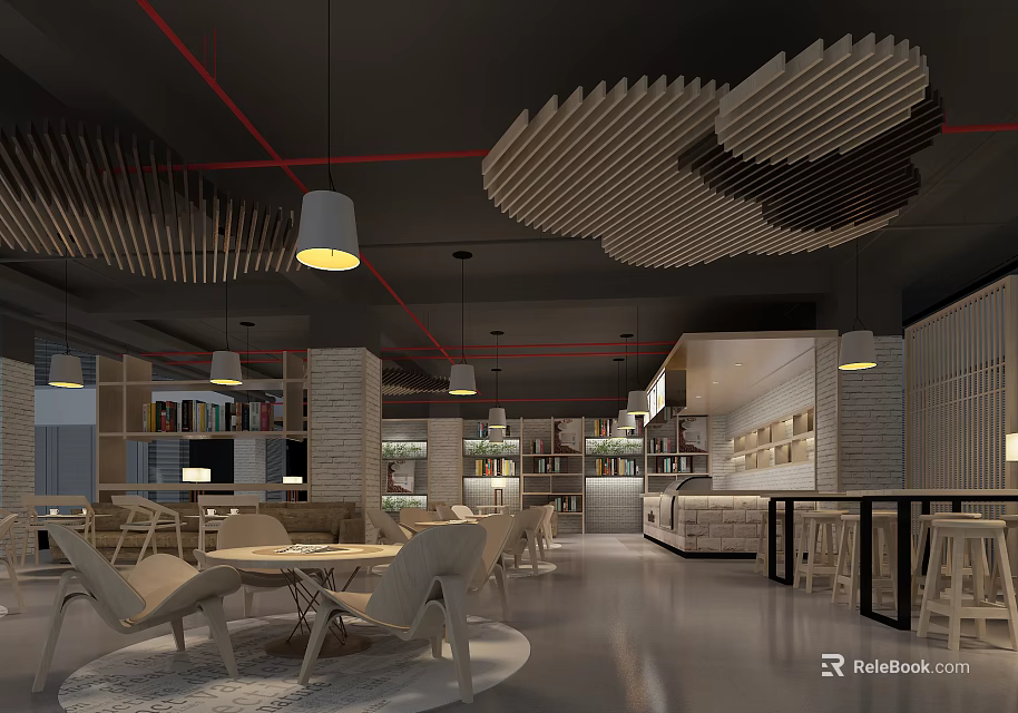 Modern Café Interior Design With Wooden Cloud Ceiling Pendant Lights Tables And Bar Counter 3d model 