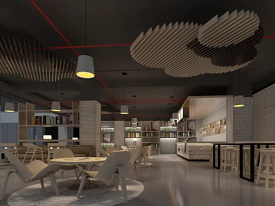 Modern Café Interior Design With Wooden Cloud Ceiling Pendant Lights Tables And Bar Counter 3d model