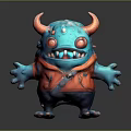 Cartoon Character Monster Creature With Blue Body Red Horns Eyes And Outfit Carrying Small Bag