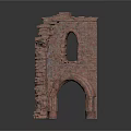 Ruined Red Brick Architectural Component With Arched Window And Doorway 3d model