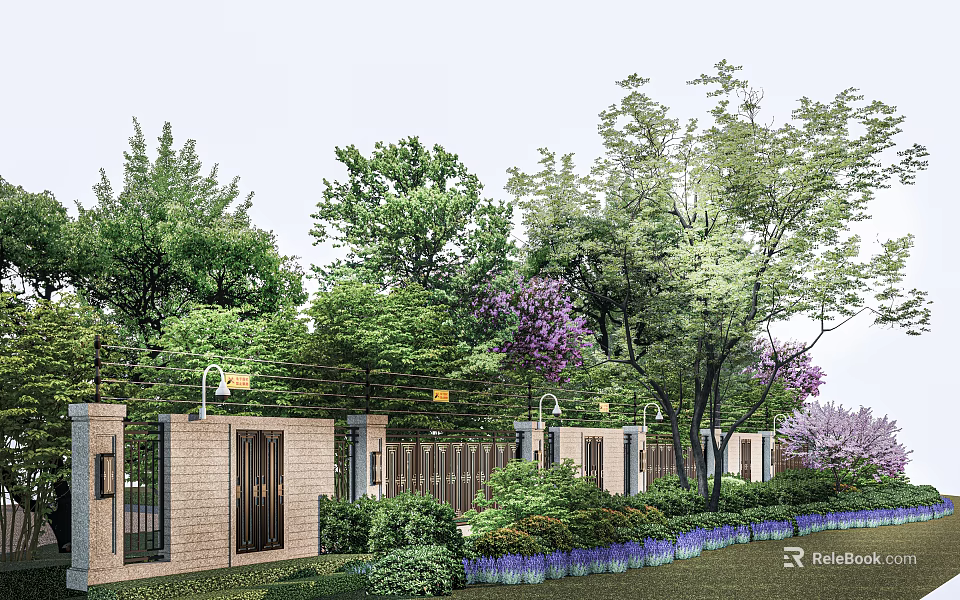 Tall Arbor Trees in Garden Landscape with Brick Walls Fence Purple Flowers and Green Shrubs 3d model 