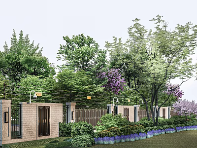 Tall Arbor Trees in Garden Landscape with Brick Walls Fence Purple Flowers and Green Shrubs 3d model