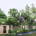 Tall Arbor Trees in Garden Landscape with Brick Walls Fence Purple Flowers and Green Shrubs