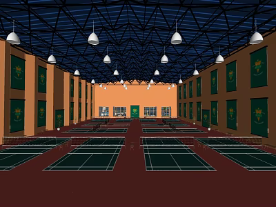 Indoor Badminton Gymnasium with Multiple Courts Red Flooring Orange Walls and Green Decorations 3d model
