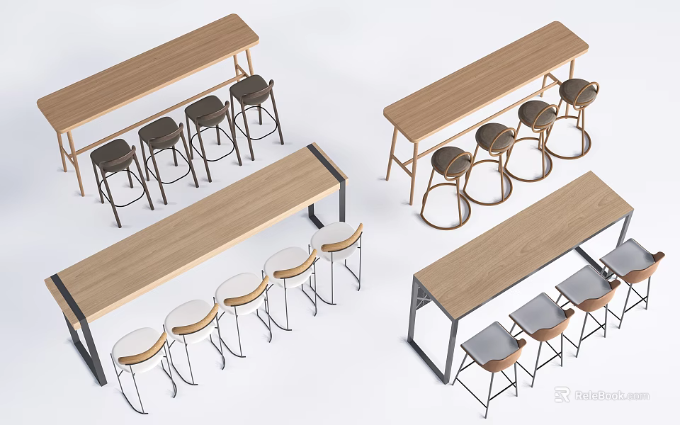 Modern Bar Stool Designs With Long Wooden Bar Tables For Interior Spaces 3d model 