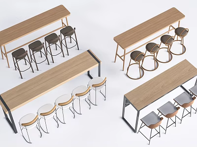 Modern Bar Stool Designs With Long Wooden Bar Tables For Interior Spaces 3d model