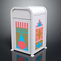 White Trash Can With Colorful Geometric Patterns And Modern Decorative Design