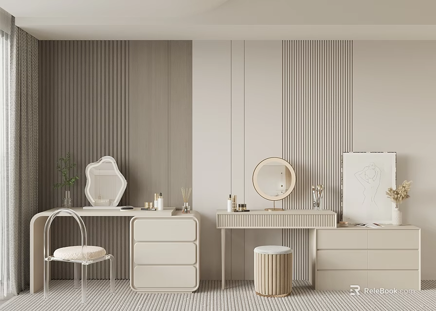 Modern Elegant Dressing Table Interior Design With Round Mirror Drawers And Stool 3d model