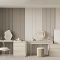 Modern Elegant Dressing Table Interior Design With Round Mirror Drawers And Stool 3d model