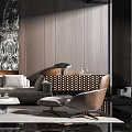 Modern Living Room With Large Decorative Painting Wooden Walls And Sofa Set