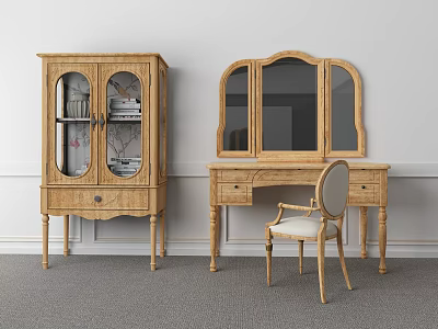 Classic Wooden Dressing Table With Mirror Drawers Matching Chair And Glass Door Cabinet 3d model